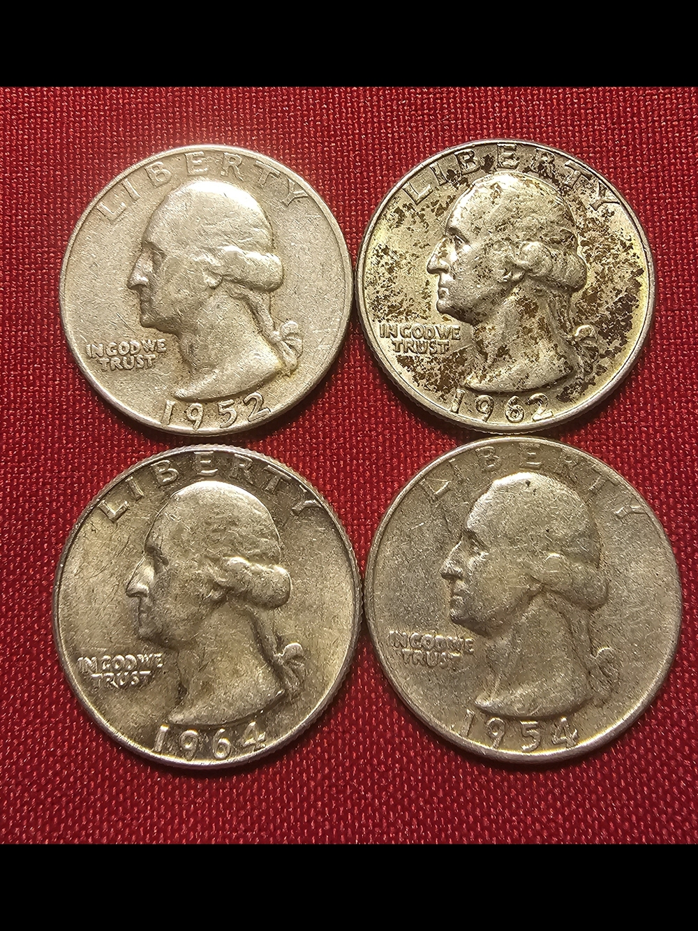 Vintage U.S. Silver Washington Quarters - 1952, 1954, 1962-D, 1964-D